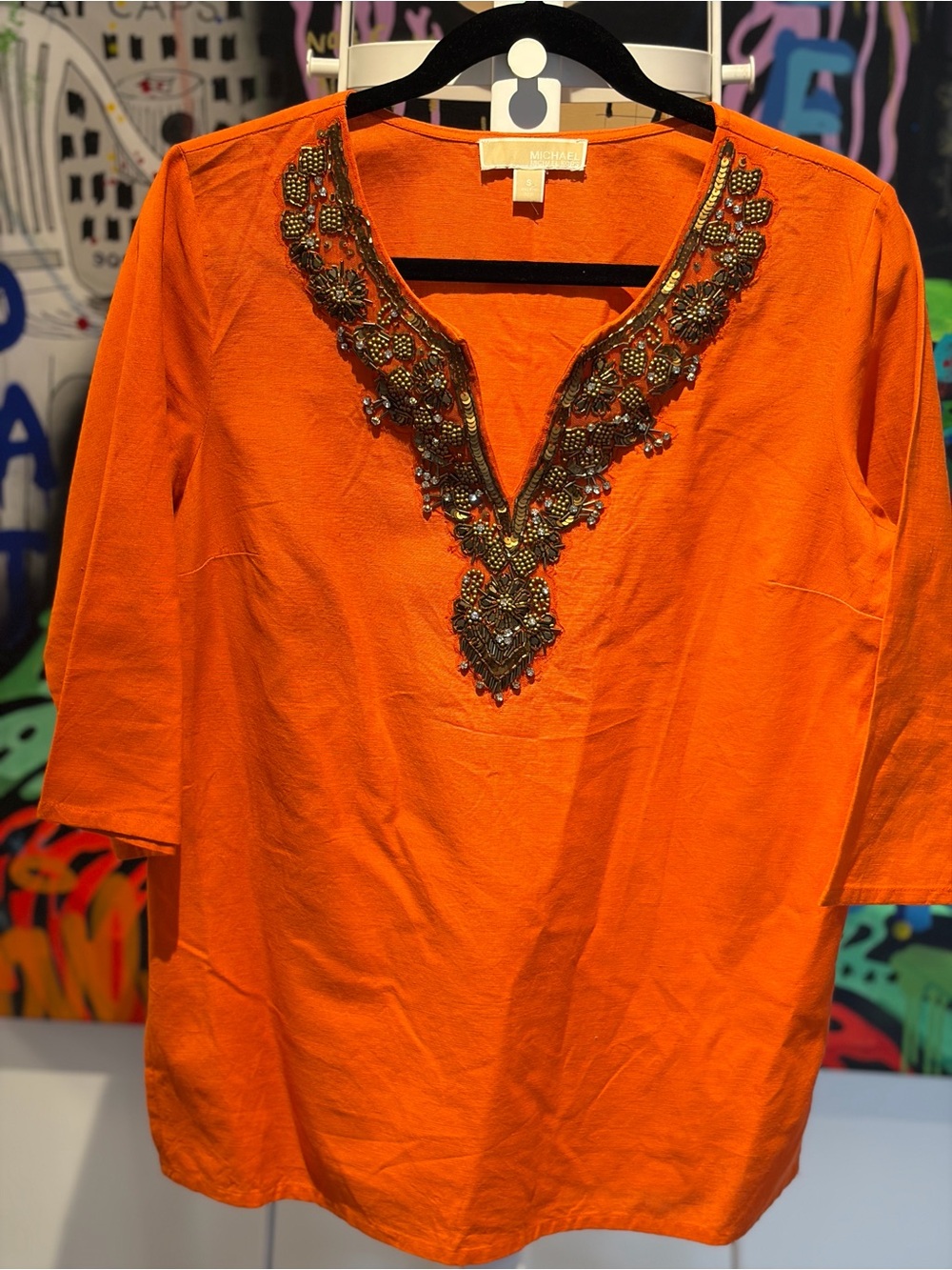 Michael Kors Orange Beaded V-Neck Tunic